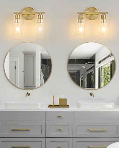 SEABLE 2Light Modern Vanity Lights - Gold, Clear Glass Shade, Wall Sconce for Bathroom & Bedroom, 2 Pack — view 6