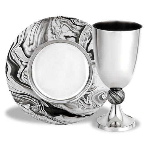 Zion Judaica Passover Seder Kiddush Cup Set 5.5" Elegant Marble Decal Gift Boxed Polished Finished Footed Wine Cup 5.5 oz Shabbat Goblet & Tray Table Décor for Pesach Luxurious Elijah Cup