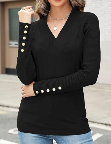 Womens V Neck Sweaters Long Sleeve Lightweight Knit Pullover Tops with Decorative Buttons