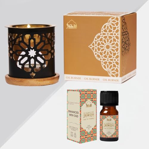 Quemador de aceite y difusor de oud Dukhni con 3 aceites esenciales de 10 ml