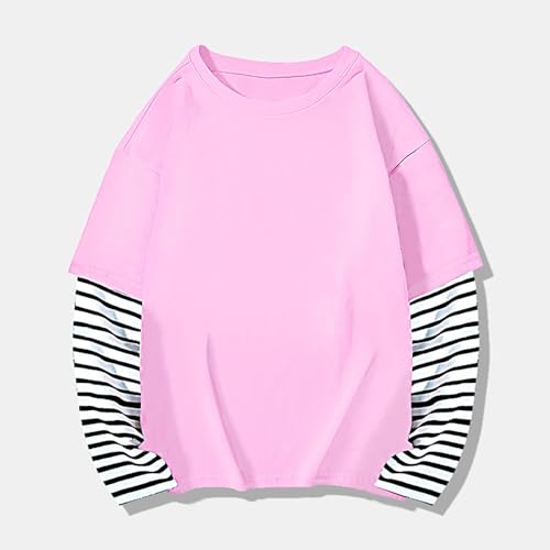 Teen Boys Crewneck Striped Tops T-Shirt Kids Girls 2 in 1 Long Sleeve Cotton Loose Spring Fall Winter Tees2