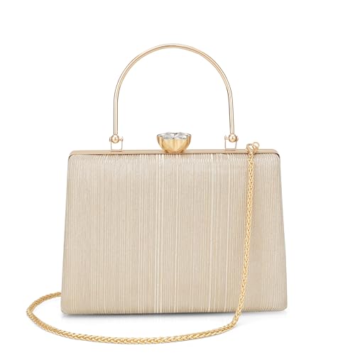 Image of Elegant Gold Textured Metal Handle Clutch Handbag for Women - Party & Wedding Purse