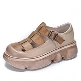 NGYYIO Zapatos Oxford para Mujer Zapatos De Mujer con Suelas Gruesas Y Cuñas De Cuero Cómodas, Sandalias Romanas De Verano De Ocio Ahuecadas para Mujer(Khaki,37 EU)