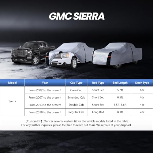 Image of Multi-Layer GMC Sierra Truck Cover, Custom fit Sierra 2002-2026 Double /Extended /Crew Cab SB(5.7'-6.6') Car Cover Waterproof All Weather, Full Exterior Cover Rain Wind and UV Protect with Door Zipper