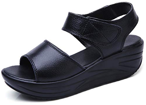  Solshine Sandali estivi da donna in pelle, con plateau A756, Nero , 38 EU
