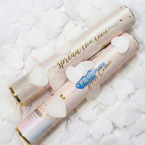PrimePure Canons à Confettis – Biodégradables Poppers à Confettis avec Cœurs Blancs – Lot de 2 – Idéal pour Mariages, Fêtes, Anniversaires et...