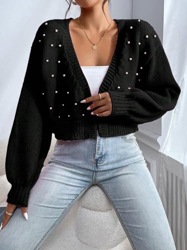 Image of SHENHE Women's Pearl Beaded Open Front Cardigan Oversize V Neck Drop Shoulder Cropped Sweater