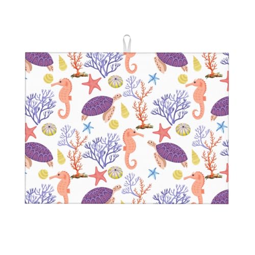 Purple Beach Sea Turtle Dish Drying Mat For Kitchen Counter, Super Absorbent Microfiber Dish Drying Pad, Kitchen Gadgets For Easy Clean Multi-Use Large 18"x24"