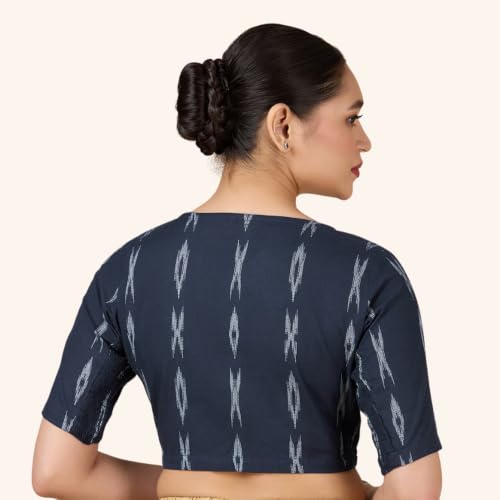 Image of Studio Shringaar Women Cotton Ikat Stretchable (Smocked) Readymade Elbow Length Sleeve Saree Blouse