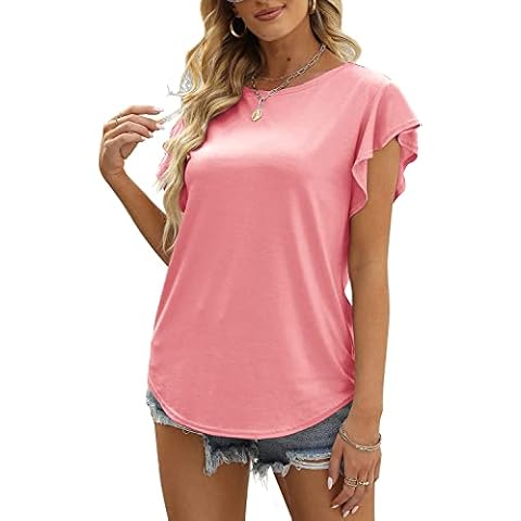 FESCOO Womens Summer Tops Ruffle Short Sleeve Peplum Tshirts Flowy Blouse Shirts,Pink,Large Cover