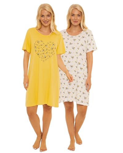 Suzy & Me Damen-Packung mit 2 kurzärmeligen Nachthemden aus 100% Baumwolljersey. Designs mit Schmetterlings-, Herz-, Feder- und Leopardenmuster (Gelbe Biene 46-48)