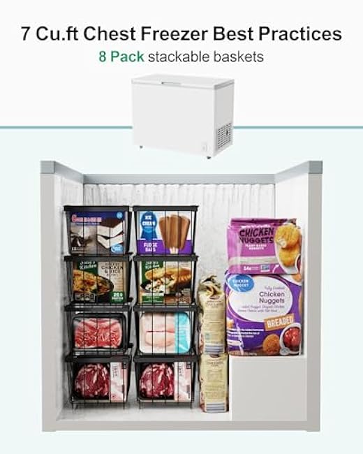 iSPECLE Freezer Organizer Bins - 8 Pack Small Stackable Deep Freezer Organizer Bins for 7 Cu.Ft Freezers Easy Get Bottom Foods without Digging, Chest Freezer Organizer Prevent Frozen Food Waste, Black