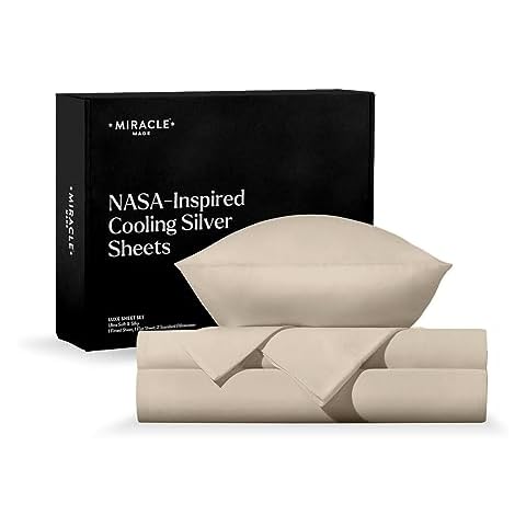 Miracle Made® Luxe Cooling Bed Sheets –Stone,Split King– 4 Piece Silver Infused, 300-Thread-Count Thermoregulating Miracle Clean & Cool ™ Eucalyptus Fabric Sensitive Skin Ultra-Breathable Bedding Cover