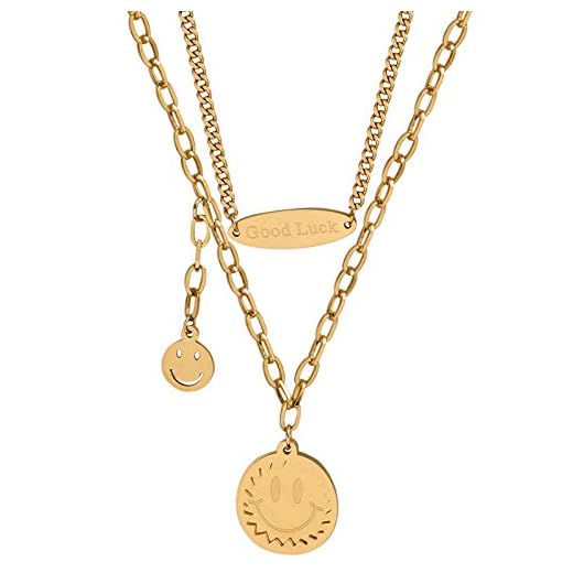 Halsband smiley hänge guld emoji Happy hänge 'Good Luck' tjock kedja och rostfritt stål mode smycken gåva