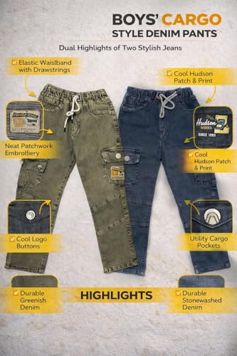 Image of Boys Cargo Pants, Kids Cargo Jeans with Pockets, Adjustable Waist, Stretch Denim Casual Pants for Boys