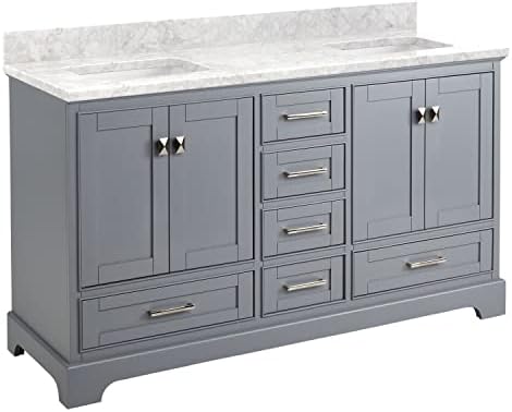 Signature Hardware 480724 Quen 60" Free Standing Double Vanity Set with Wood Cabinet, Vanity Top and Rectangular Undermount Vitreous China Sink - Gray/Carrara Marble
