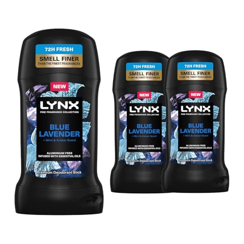 Image of Lynx Fine Fragrance Collection Stick Deodorant for Men Blue Lavender, Pack of 3, 72 Hours Odour Protection Aluminium-Free Premium Deodorant Stick Infused with Essential Oils, 50 ml