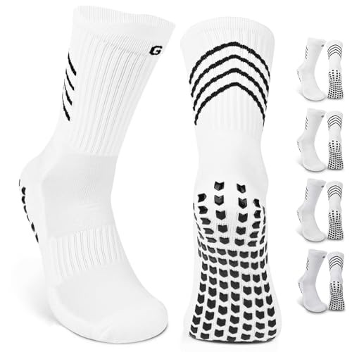 GOGOGOAL Non-slip Grip Soccer Socks Men Football Socks Women Pilates Yoga Youth Boy Cushioned Anti Slip Sports Trainer Sock Basketball Baseball Running Hiking 6-8.5 White M 4 Pair