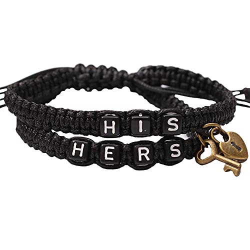 Image of AKOAK 2 Pcs HIS HERS Couple Braided Bracelet Padlock Key Pendant Hand Braided Lanyard Valentine's Day Gift Jewelry