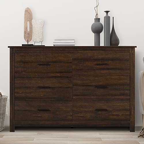 LTMEUTY Dresser for Bedroom - Wooden Dresser with 6 Drawers, Double Dresser, Oak Storage Drawer Cabinet, Chest of Drawer, Farmhouse Bedroom Furniture, Brown
