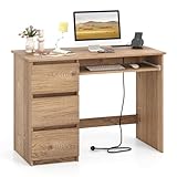 COSTWAY Computer Desk, 106 x 50cm Wooden Study Table Writing Workstation with 3 Large Drawers, Keyboard Tray, Type-C & USB Ports, Modern PC Laptop Table Gaming Working Desk for Home Office