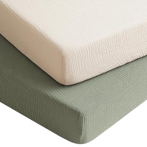 Image of Konssy Muslin Crib Sheets for Boys, Soft Cotton Neutral Baby Sheets for Standard Crib Mattress 2 Pack, 52"x28" (Fog Green,Cream)