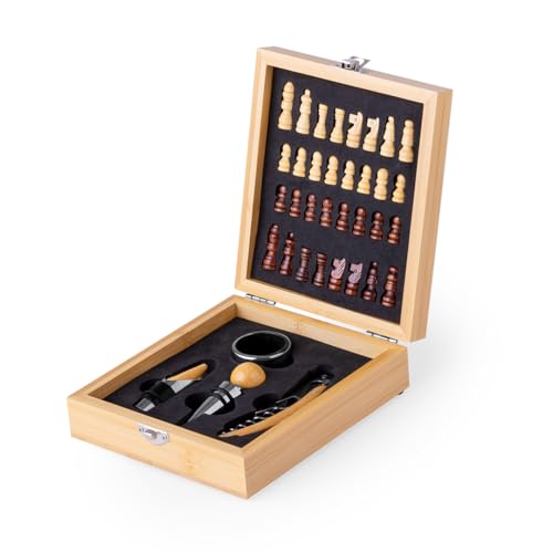 FOR ADVENTUR Set de Ajedrez de Bambú con Accesorios de Vino, Caja Decorativa Premium con Sacacorchos, Tapón, Vertedor y Aro Antigoteo – Juego Elegante para Regalo - imagen 5