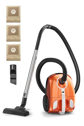 Bagged Canister Vacuum Cleaner, Canister Vacuum Cleaners for Home, Automatic Cord Rewind, Portable Corded Vacuum Cleaner with 3 Replacement Bags for Hard Floors, Pet Hair, Carpet and Upholstery