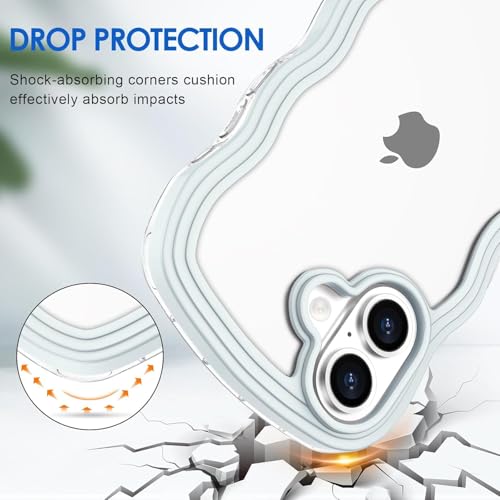 Image of GoldKart iPhone 16 Case Wavy Edge Clear Back Design, Anti-Slip Grip Cute Wave Curly Frame Shape Shockproof Soft TPU & Hard PC Bumper Protective Phone Case Cover for Women Girls - Light Blue