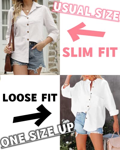 Zaayo Plus Size Button Down Shirt For Women White Blouse Plain V Neck Long Sleeve Casual Tops #TOP4