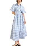 Yeokou Women Plaid Shirt Dress Short Sleeve Button Down Pleated Gingham A Line Maxi Dresses Casual Sundress With Pockets(Blue-Xl)