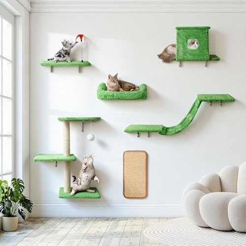 Coolsheepsia Cat Wall Shelves, 6 in 1 Cat Wall Furniture Set with Condos House, Bed, Bridge, Tree, Steps, Scratching Board, DIY Walls Playground for Indoor (Green)