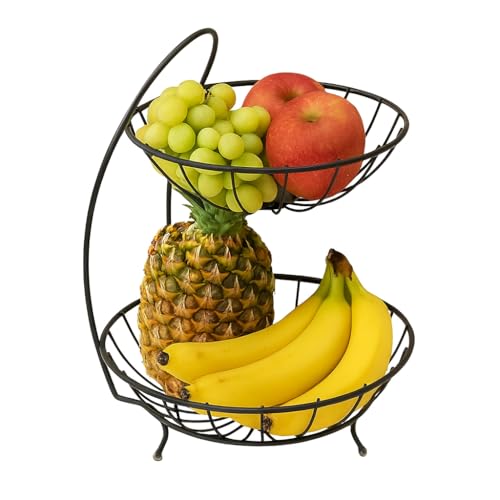 Image of 2-Tier Metal Fruit Basket Stand for Kitchen Counter | Double Layer Fruit Bowl Organizer for Vegetables, Fruits & Snacks | Rust-Resistant Iron Wire Basket for Home & Dining Table (23x32x28 cm)