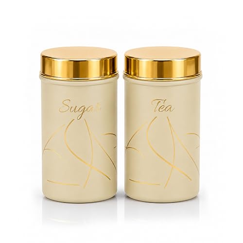 Image of Classic Steels Premium Long Tea & Sugar Canister Set (850ml) (Cream) | Airtight Kitchen Canisters Stainless Steel Storage Jars with Gold Lid & Label | Matte Finish Kitchen Storage Container Set