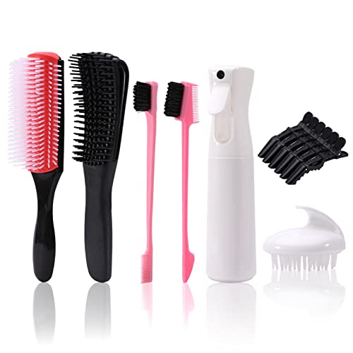 12pcs Hair Brush Set with Comb, Double-Sided Eyebrow Brush, Single-Sided Eyebrow Brush, Hair Clips, Massage Brush, Spray Bottle Hair Brush Tools for Women Or Men(Size:Blackpink)