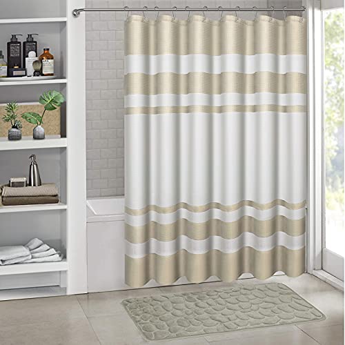 Arichomy Fabric Shower Curtain Waffle For Bathroom, Waterproof Shower Curtain Set With 12Pc Metal Grommet And 12Pc Stainless Steel Hooks, Weighted Hem, Heavy Duty 250Gms, 72" 72", Taupe #TOP6