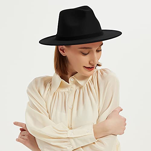 Wide Brim Fedora Hats for Women & Men Classic Dress Panama Hat Adjustable Felt Hat with Band - Thumbnail 6