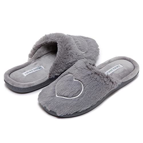 Laura Ashley Womens House Slippers, Hard Soled Faux Fur Lined Clogs for Women, Fuzzy Heart Indoor/Outdoor Women's House Shoes2