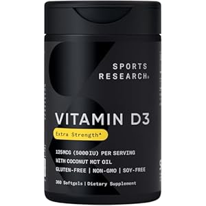 Sports Research® Vitamin D3 w/Coconut MCT Oil – High Potency Vitamin D3 5000iu (125mcg) Supplement for Immune & Bone Support – Seed Oil Free – Non-GMO – Gluten Free (360 Liquid Softgels)