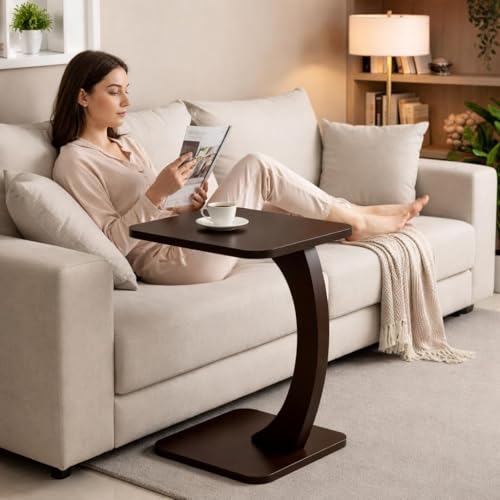 Image of C Shaped Wooden Laptop Table for Sofa Bed | Multipurpose Side Table for Living Room Bedroom | Couch Laptop Desk for Work Study | Space Saving Portable End Table | Brown