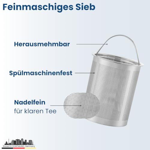 KIMIJO Teekanne 1 Liter mit Siebeinsatz I Edelstahl gebürstet I Warmhalte-Funktion I incl. Korkuntersetzer I Hochwertiger Teebereiter Doppelwandig I Perfekt für losen Tee, Ingwer & Kräuteraufgüsse