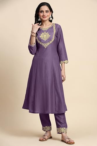 Image of TRENDMALLS Women's Silk Blend Embroidery Sequence Work Anarkali Kurta Pant Set with Dupatta
