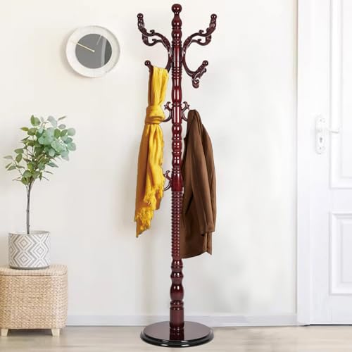 Wooden Coat Rack Freestanding, Hall Tree Hanger With Resin Hooks, Adjustable Heavy Duty Coat Rack for Hanging Clothes Bags Hats in Living Room Bedroom (coat rack, Round Base-Rosewood Color) 