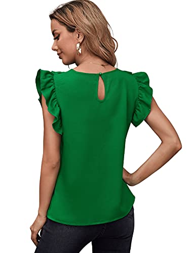 Milumia Women Elegant Ruffle Trim Butterfly Sleeve Blouse Round Neck Work Shirt Top Green Medium #TOP2