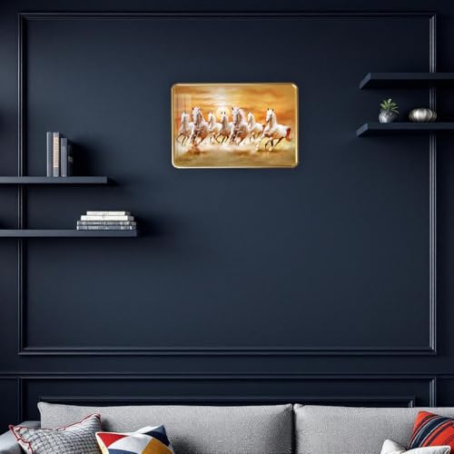 Image of 7 Running Horses Photo Frame, Ultra High Gloss Lamination, Vastu Painting for Living Room, Office, 12x18 Inch (Design 2)