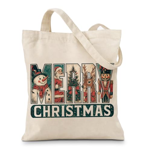 Geondos Vintage Merry Christmas Tote Bag for Women Retro Holiday Canvas Shopping Bag with Snowman Santa Reindeer Print Reusable Xmas Gift Bags for Friends and Family