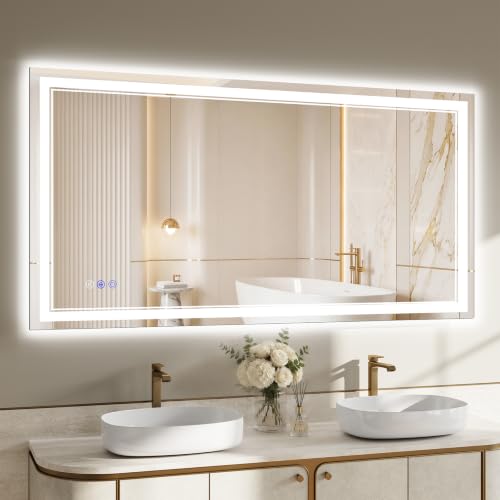 XRAMFY Badspiegel mit Beleuchtung LED 127×76CM, 3 Farbtemperaturen & stufenloses Dimmen, Anti-Beschlag, Spiegel mit Beleuchtung… – Ansicht 1