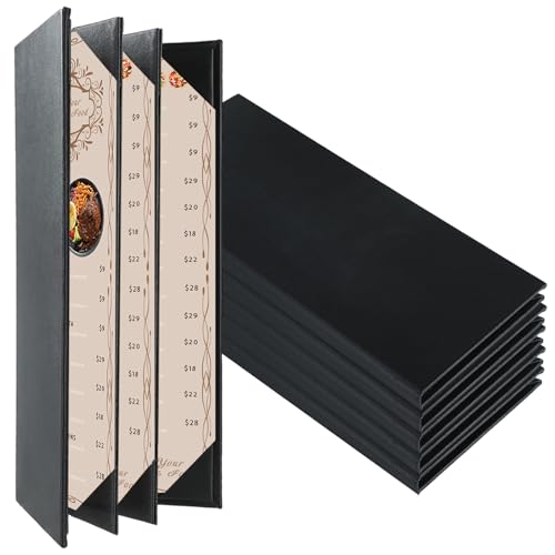 FLKQC Restaurant Menu Covers Holders 4.25" x 11" | Pack of 5 Synthetic Leather Quad Fold Panels 6 View Angled Corners Black for Wine List, Drinks (5, Quad Fold Panels 6 View (4.25 x 11 inch))