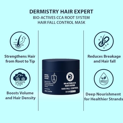 Image of Dermistry Caffeine Collagen Wheat Protein Anti-Hair Fall Control Mask Strengthens Weak Roots Improves Thickness Density Reduces Breakage & Fall for Dry Frizzy Curly All Hair Types Men Women 200ml