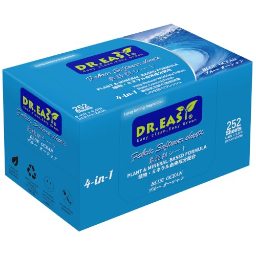 DR.EASY BLUE OCEAN Dryer Sheets Plant Based Formula 252 Ct Fabric Softener sheets for Laundry Essential Oil Scented No Dyes Reduce Static & Wrinkles Help Repel Pet Hair